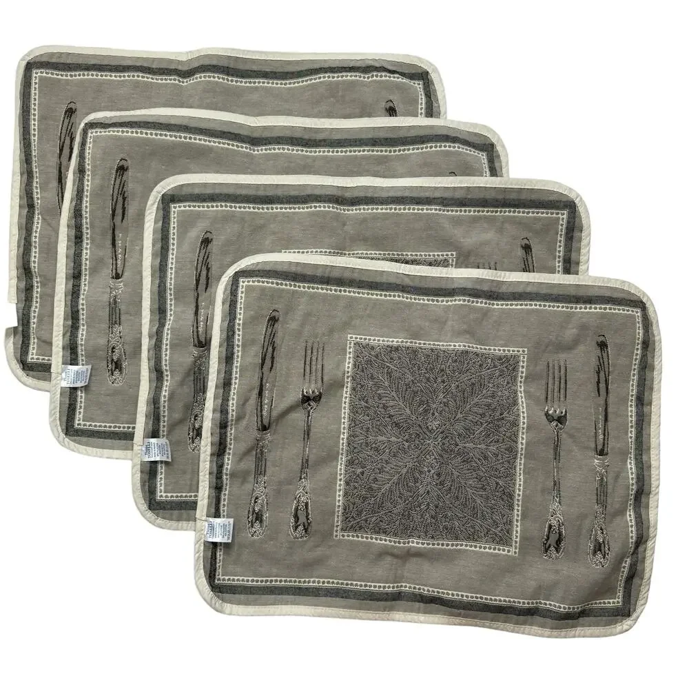 TISSUS TOSELLI Embroidered Place Setting Placemats Tan Black Set of 4 France